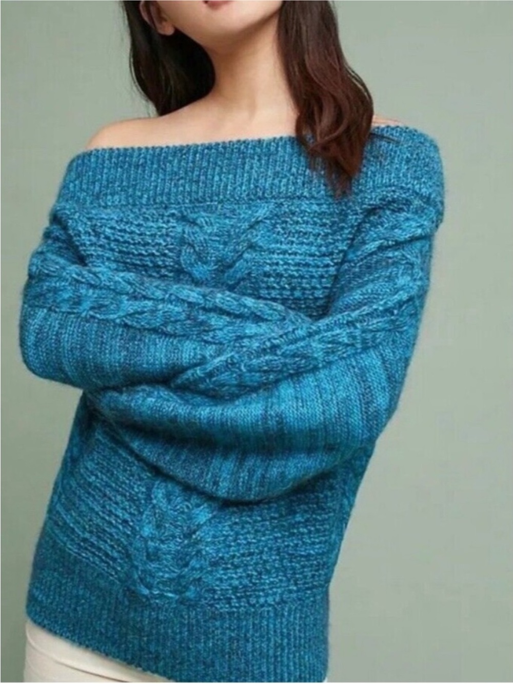 Anthropologie Sleeping On Snow Off Shoulder Blue Cable Knit Alpaca Blend Size XL